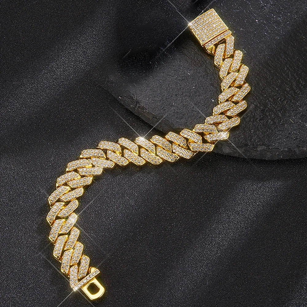 15MM Cuban Link Chain Necklace Silver Color Rhinestone Iced Out Cuban Chain