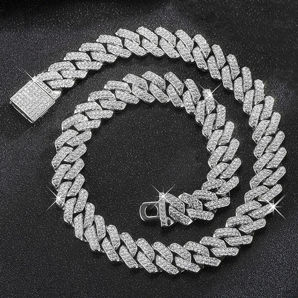 15MM Cuban Link Chain Necklace Silver Color Rhinestone Iced Out Cuban Chain