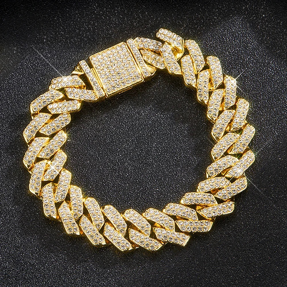 15MM Cuban Link Chain Necklace Silver Color Rhinestone Iced Out Cuban Chain