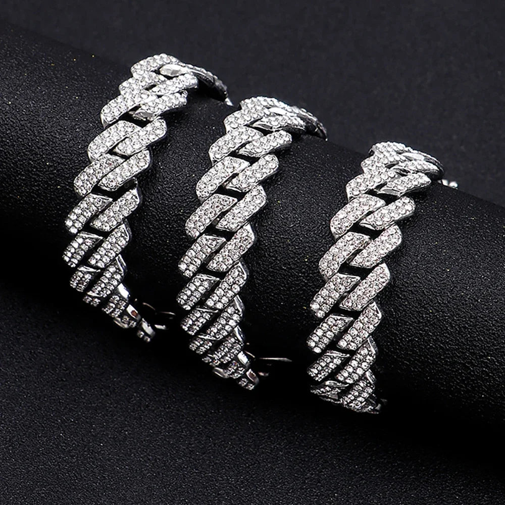 15MM Cuban Link Chain Necklace Silver Color Rhinestone Iced Out Cuban Chain