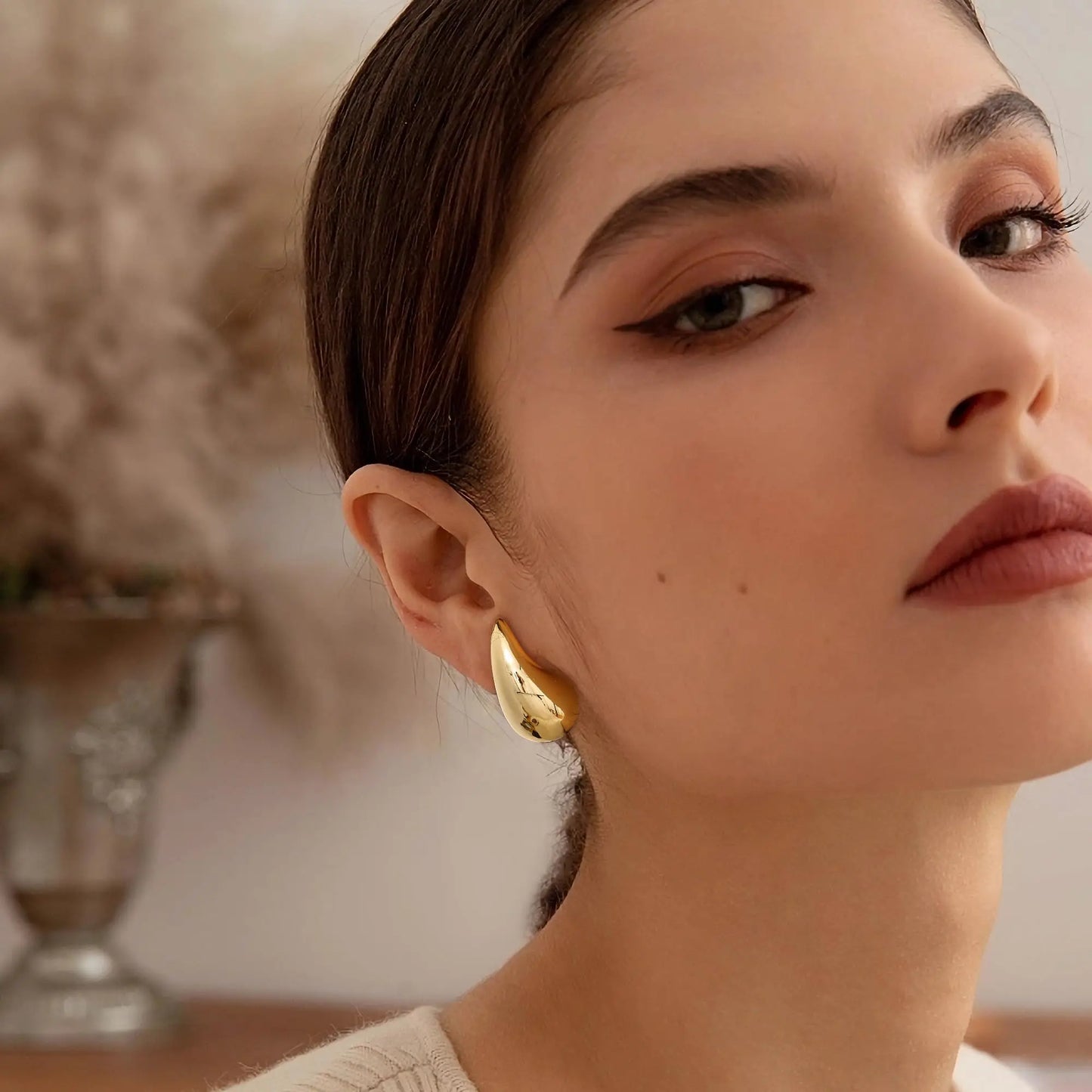 Gold Teardrop Earrings Lady Chunky 14K Gold Plated Simple Water Drop Shape Earrings