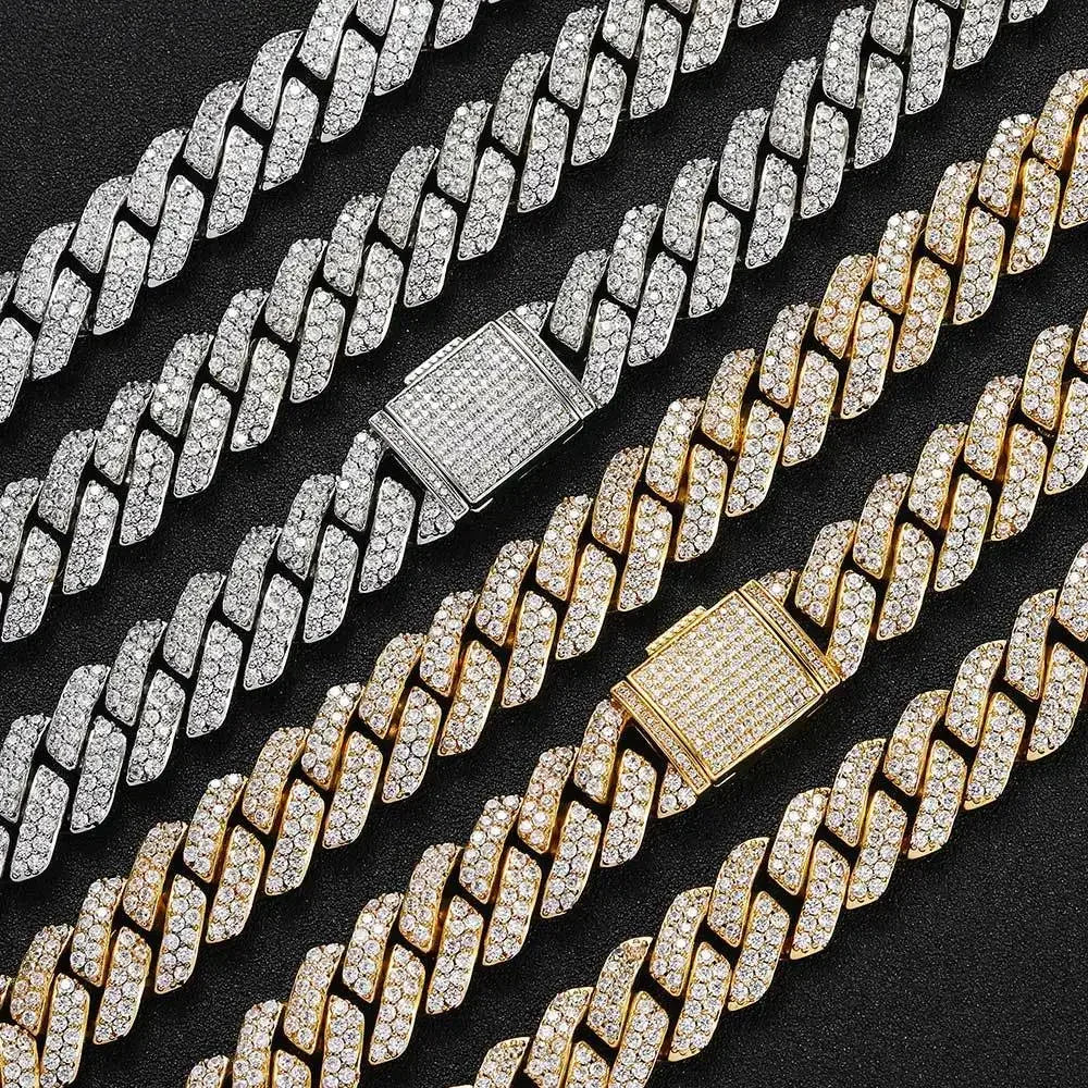 15MM Cuban Link Chain Necklace Silver Color Rhinestone Iced Out Cuban Chain