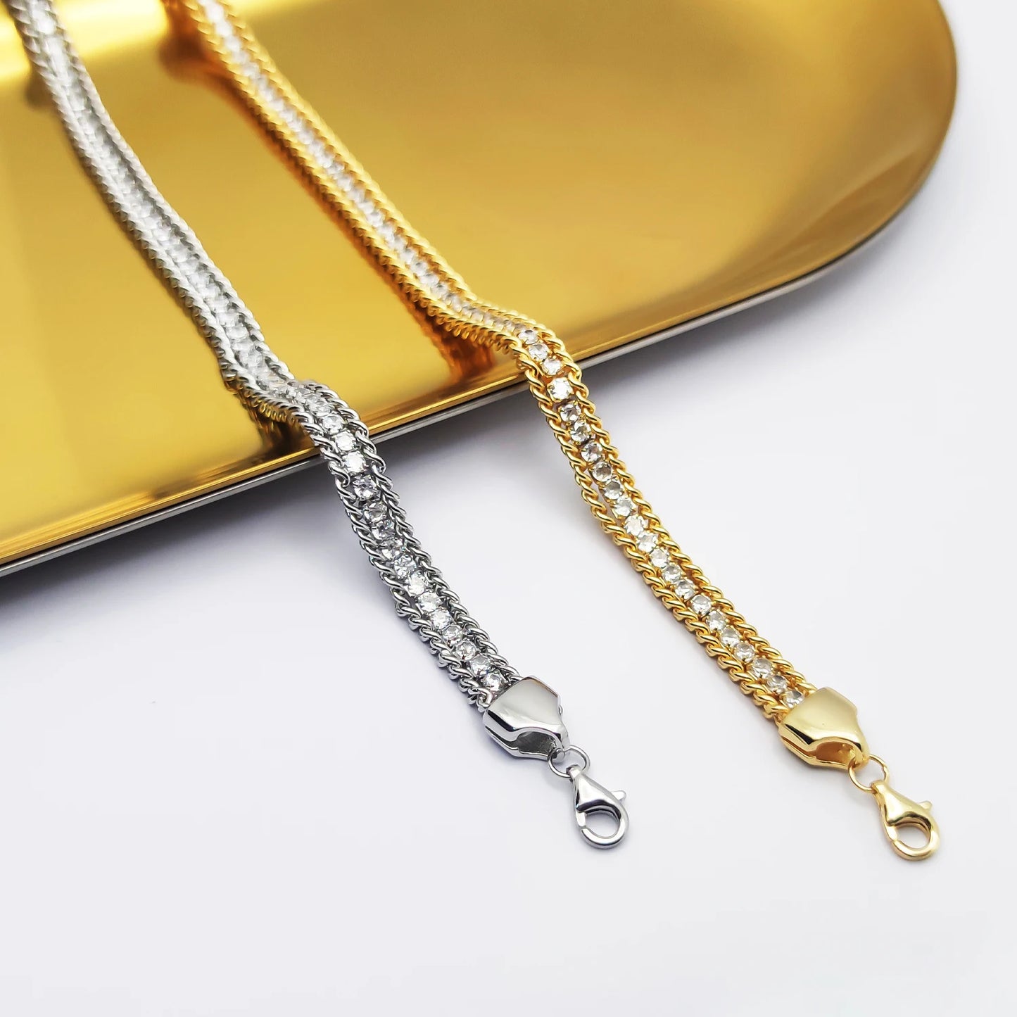 925 Sterling Silver with Platinum Plated/18k Gold-Plated Glitter Woven Cubic Zirconia Fashion Bracelet